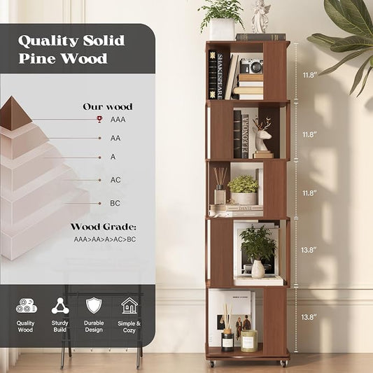 5 Tier Solid Wood Rotating Bookshelf Tower on Wheels, 360° Upgrade Spinning Book Shelf, Revolving Bookcase Organizer, Swivel Bookshelves for Small Spaces, Corner, Bedroom, Kids Room, Office (Brown)