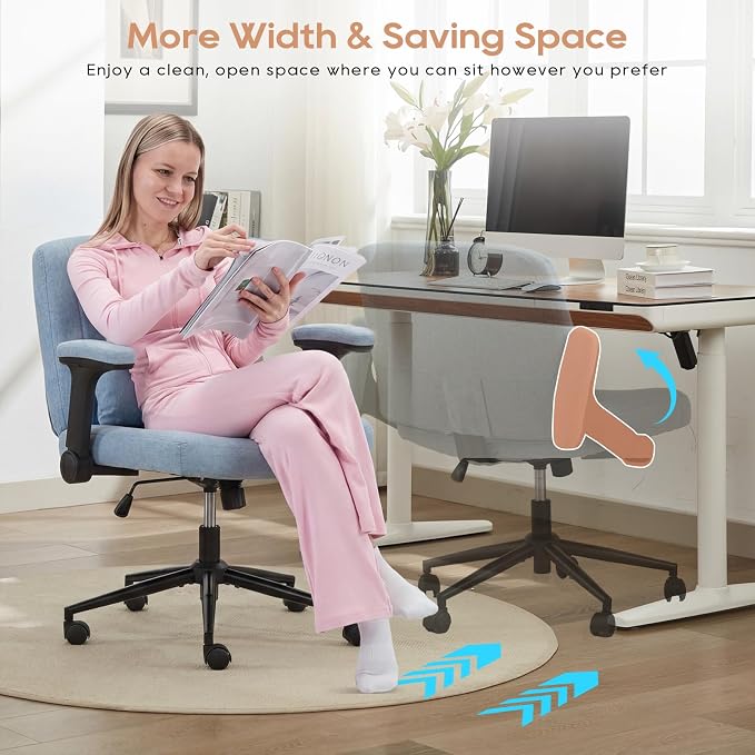 IPKIG Criss Cross Chair with Adjustable Flip-up Arms, Vanity Chair with Wheels, Comfy Desk Chair with Lumbar Pillow Swivel Wide Office Chair for Home Office, Bedroom, Linen, Blue