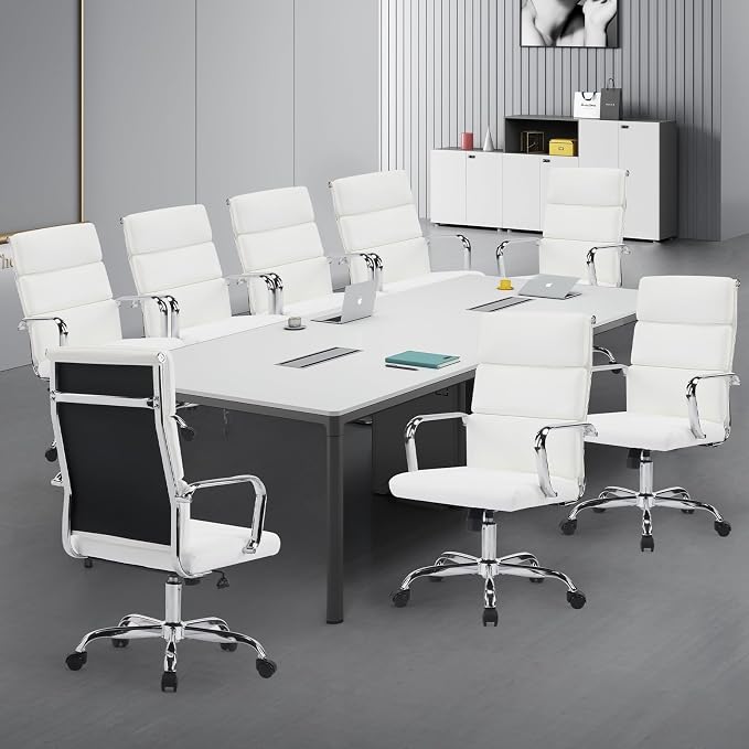 Office Chair, Ergonomic Executive Conference Room Chairs, Ribbed Leather Desk Chair with Lumbar Support, Adjustable Height Mid-Back Swivel Chair with Padded Seat