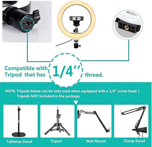 Webcam Light, Ring Light for Logitech Webcam C920,C922x,C930e,Brio 4K,C925e,MX Brio 4K,StreamCam,Brio 500,C615 1/4'' Screw Hole- 10'' Light (Without Tripod and Stand)