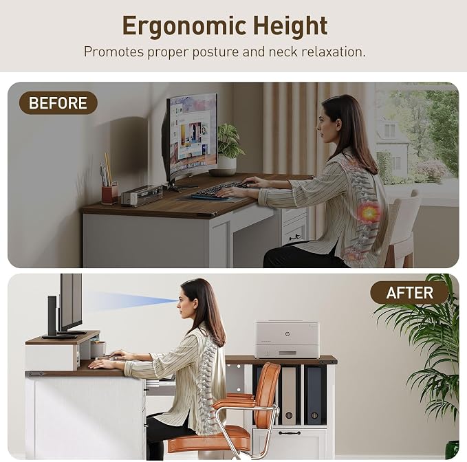 RALGEND 2 Pack Farmhouse 69" Executive L Shaped Desk with Drawer, Home Office Desk with Charging Station, Corner Computer Desk with Monitor Stand,Drawer, Storage Cabinet, White and Walnut