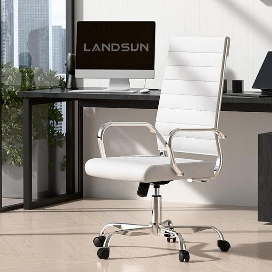 LANDSUN Home Office Chair Ribbed Leather High Back Executive Swivel Computer Desk Chairs with Wheels and Armrests Soft Padded Adjustable Height Modern Conference Chrome White