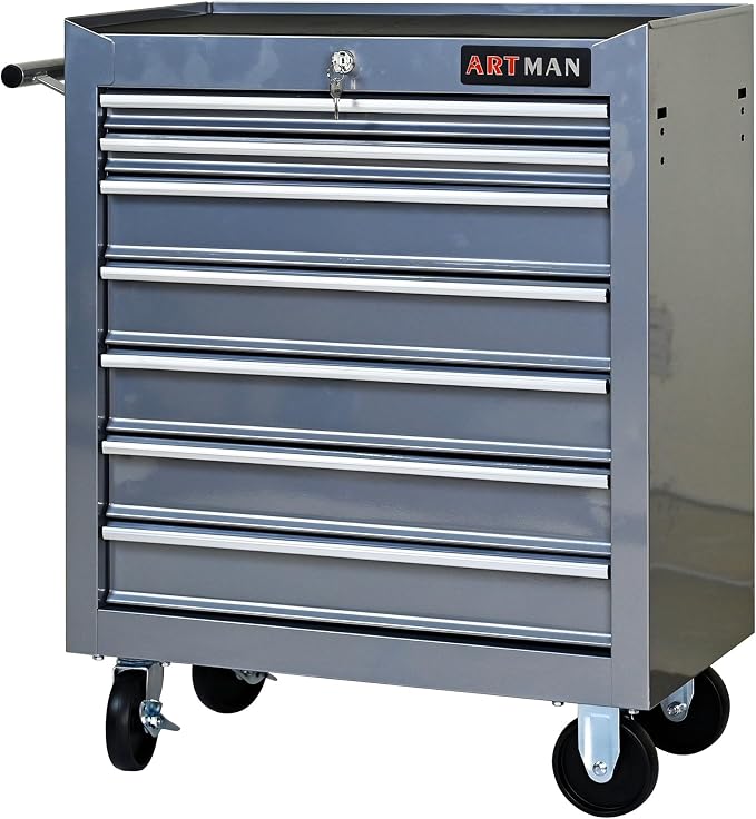 RYH 7 Drawers Rolling Tool Chest & Tool Box on Wheels | Heavy Duty Metal Cart with Ball Bearing Drawers | Fits US General Tool Box for Garage Storage (Silver, 7 Drawers(29.9" H × 24.2" W × 12.9" D)