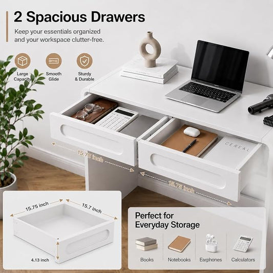 Writing Desk with 2 Drawers, Home Office Computer Desk for Small Spaces | White Study Desk for Bedroom, Compact Workstation Table, Vanity Desk for Apartment and Dorm Room