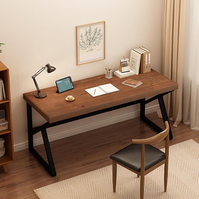 IBF Solid Real Wood 55 Inch Office Computer Desk, Rustic Writing Study Table for Student, Natural Wooden and Metal Gaming Home Office Desk, Rustic Industrial Executive Work Desk Workstation, Brown