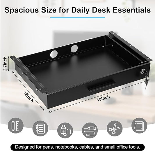Menkxi 18'' x 12'' Under Desk Drawer Slide Out Storage Organizer, Lockable Metal Desk Drawer for Laptop and Office Accessories, Large Hidden Under Table Storage Box with Cable Management, Black