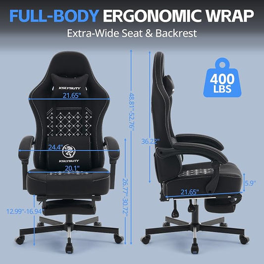 Desk Computer Gaming Chair - Ergonomic Game Office Chair with Extended Footrest and Massage Lumbar Support, Home Gamer Video Game Chairs with Spring Cushion for Adults (Pro Black Fabric)