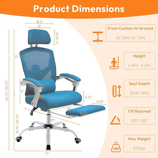 Ergonomic Desk Chair, High Back Office Chair with Wheels and Arms, Computer Chair with Footrest, Swivel Reclining Gaming Chair with Headrest, Comfy Armrest for Home, Office, Work, Study, Blue