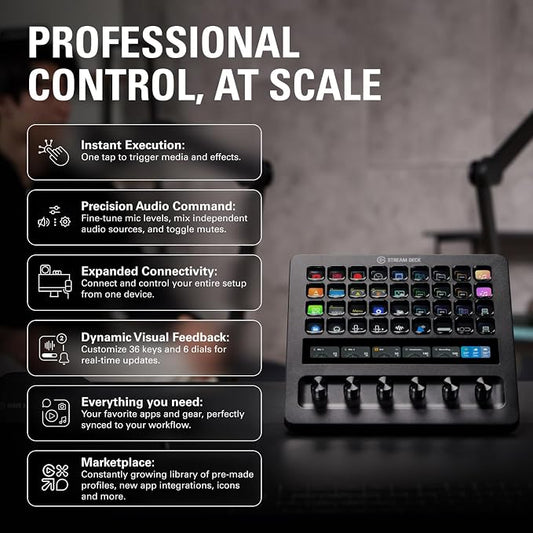 Elgato Stream Deck + XL Control Platform, Dials, Touch Strip | 36 customizable macro keys, Six multifunction dials, Touch strip display, Hundreds of integrations, USB-C for PC and Mac