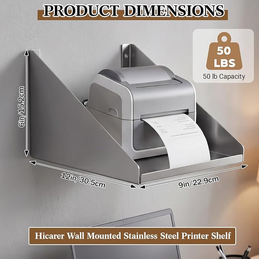 Hicarer Wall Mounted Stainless Steel Printer Shelf 12" x 9"x 6" Restaurant Ticket Printer Shelf 304 Stainless Steel 50 lb Capacity 16 Gauge, Silver