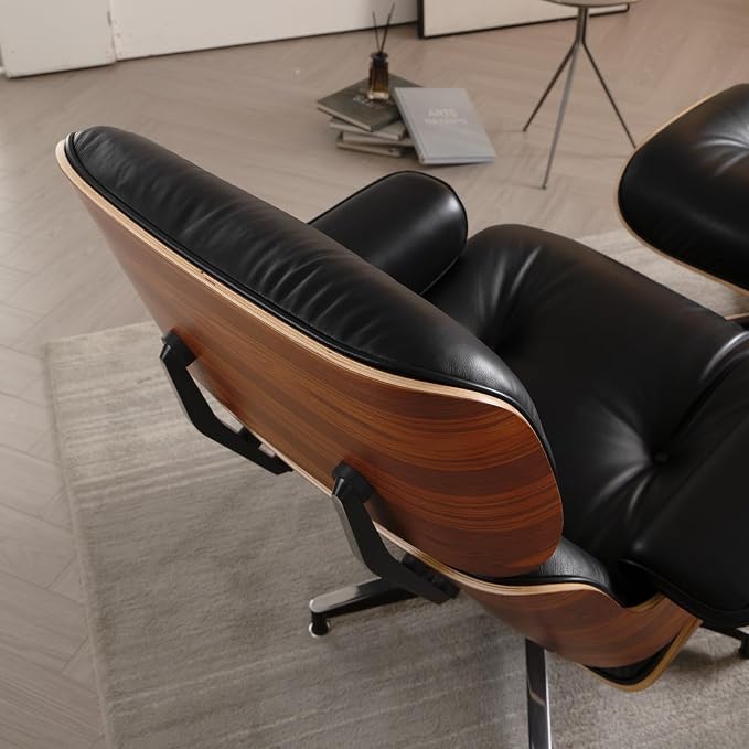 Mid Century Chaise Lounge Chair with Ottoman, Genuine Leather Reading Chair, Modern Chair Classic Design, Heavy Duty Base Support for Living Room Study Lounge Office,Tall Upgraded, Palisander Black