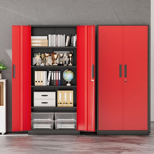 INTERGREAT Storage Cabinet with Doors and Shelves, Metal Garage Storage Cabinets with Lock, Black Lockable Steel Supply Cabinet for Home Office, Warehouse (Black Red)
