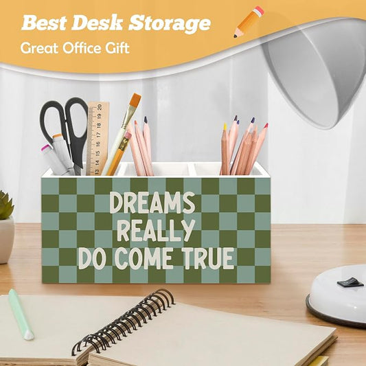 Inspirational Pen Holder Organizer for Desk Accessories, Motivational Gifts for Women, Dreams Really Do Come True Retro Green Checkered Wooden Box Sign Desk Decorations for Home Office Decor