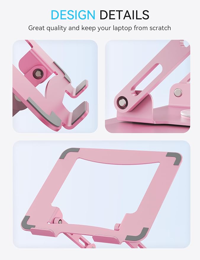 SOUNDANCE 360 Rotating Laptop Stand, Ergonomic Computer Riser for Desk, Adjustable Height Multi-Angle Metal Holder, Foldable Portable Notebook Elevating Base for Office & Home, Pink