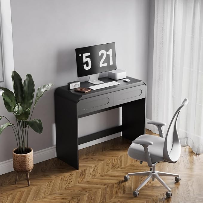 Writing Desk with 2 Drawers, Home Office Computer Desk for Small Spaces | Black Study Desk for Bedroom, Compact Workstation Table, Vanity Desk for Apartment and Dorm Room