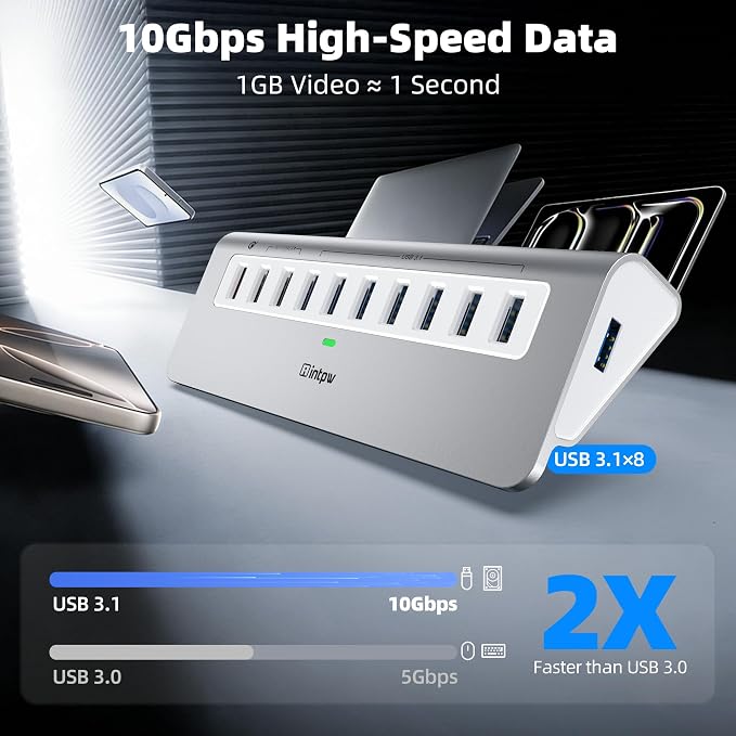 Powered USB Hub 10Gbps, 10 Port USB 3.2 Gen 2 Hub with 7 USB 3.2 Data Ports, 3 Fast Charging Ports, 36W Power Adapter, Type A and Type C Cable, Aluminum USB Hub for Laptop, Mac, PC