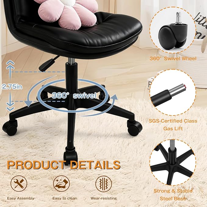 Small Office Desk Chair, PU Leather Armless Swivel Chair with Lumbar Pillow, Height Adjustable Task Chair for Small Spaces, Bedroom & Vanity Black