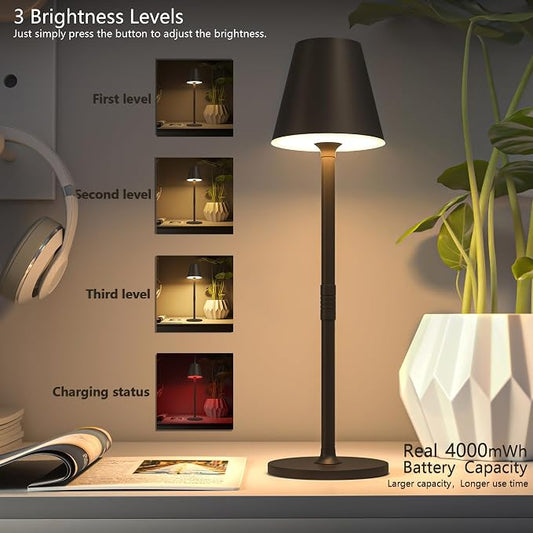 Timjorman 4-Pack Cordless Table Lamps - 5000mAh Rechargeable Battery Operated Desk Lamp, 3-Level Dimmable LED Night Light for Bedroom, Dining, Restaurant - Metal Design(Kahaki-4PACK)