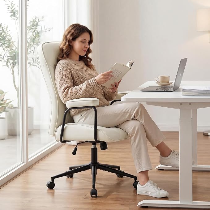 Furniliving Leather Office Chair, Comfy Home Office Desk Chair, Mid Century Modern Office Chair with Lumbar Support, Mid-Back Adjustable Swivel Computer Chair with Wheels and Arms, Cream White