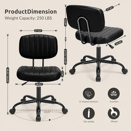 Swivel Rolling Office Chair, Armless Pu Leather Vanity Chair with Back Lumbar Support Height Adjustable Computer Chair, Small Desk Chair for Home Office, Black