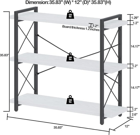 HCHQHS Bookshelf, 3-Tier Industrial Bookcase, Open Book Shelf, Freestanding Horizontal Bookshelves with Metal Frame