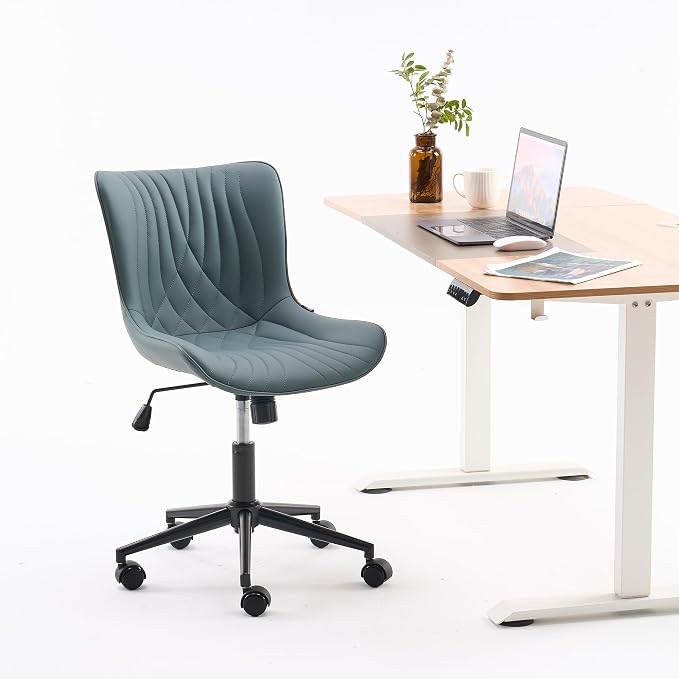 YOUNIKE Office Chair Armless Desk Chair with Wheels, Home Office Computer Task Chair, Modern Faux Leather Upholstered Vanity Chair, Adjustable Swivel Rolling Office Chairs, Grayish Green