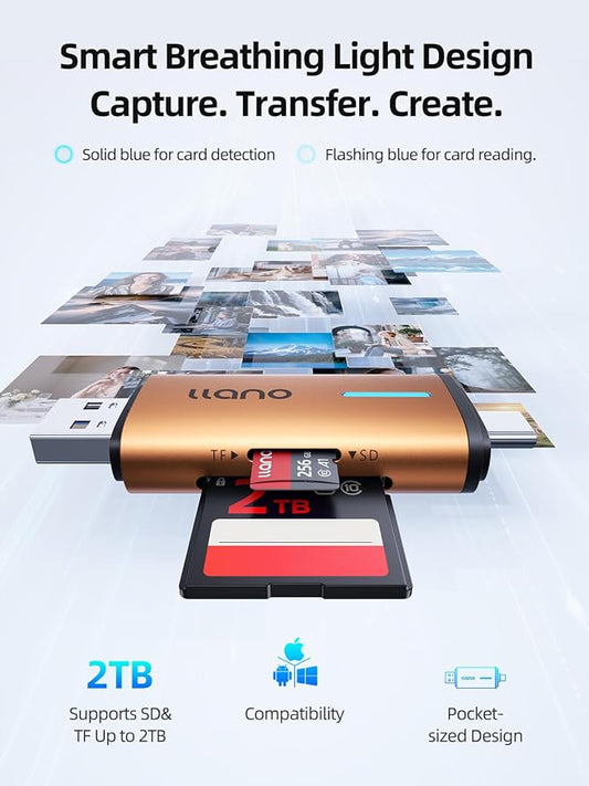 llano Micro SD Card Reader, 2 in 1 USB C 3.0 SD Card Reader Dual Slots Card Adapter, Memory Card Reader for MicroSD, SDHC, SDXC, Compatible with iPhone 17/16/15, MacBook, iPad, Android, Computer