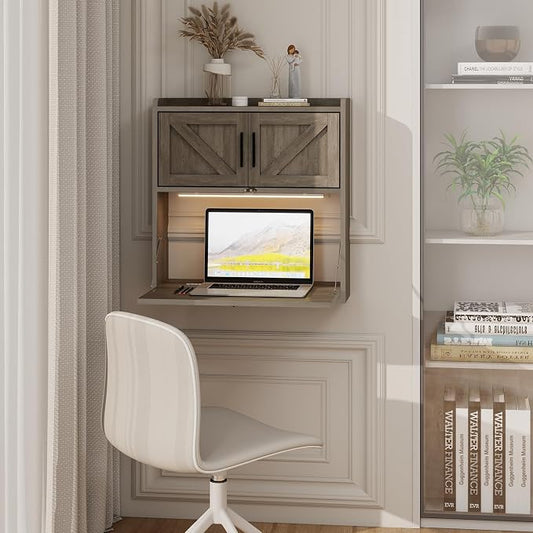 ARTETHYS Wall Mounted Desk Folding with Light Drop Down Hanging Desk,Gray | 3 Color Adjustable Light, Fold Down Computer Desk, Writing Workstation with Storage Compartment, Space Saving for Home Office