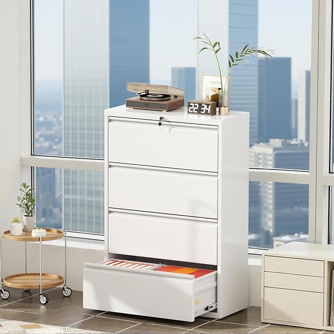 Superday Lateral File Cabinet 4 Drawer Metal File Cabinet with Lock, White Filing Cabinets for Home Office, Locking Filing Cabinets Hanging Files Letter/Legal/F4/A4