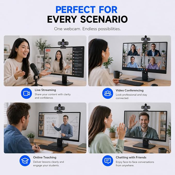 C26 1080P Webcam with Microphone, USB Computer Camera with Privacy Cover, Noise Reducing Mic, Auto Light Correction, 105° Wide Angle, Plug&Play for PC Mac Laptop Zoom Teams Streaming