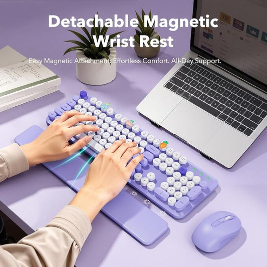 Wireless Keyboard and Mouse Combo, Full-Size Retro Typewriter Keyboard with Round Keycaps, Detachable Magnetic Wrist Rest, Tilt Legs, 2.4GHz Cordless for Mac, Windows PC, Laptop, SABLUTE CK23, Purple