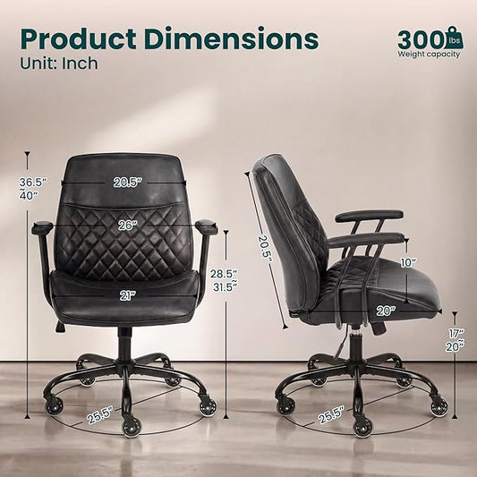 NEO CHAIR Ergonomic Leather Office Desk Chair with Fixed Armrests Mid Back Lumbar Support Swivel Executive Computer Chair with Wheels Comfy Home Office Chair for Adults (Black)