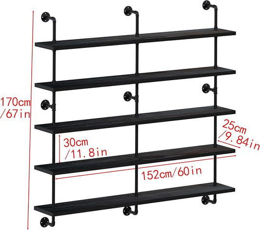 HDDFER Floating Shelves for Wall Bookshelf Industrial Pipe Shelving Shelves 60 Inch 5 Tier Natural Wood Planks Rustic Wall Shelves Hanging Bookshelves Farmhouse Kitchen Shelving