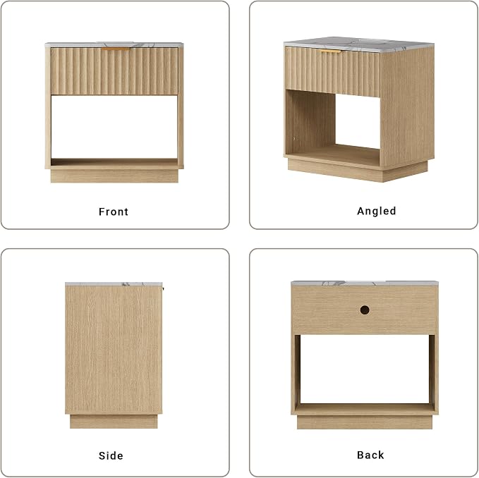 Fluted Nightstand, Night Stand Set 2, 23" Wide Nightstands Set of 2 with Charging Station & Faux Marble Top, Modern End Table with Drawer, Bedside Table for Bedroom Living Room, Natural Oak
