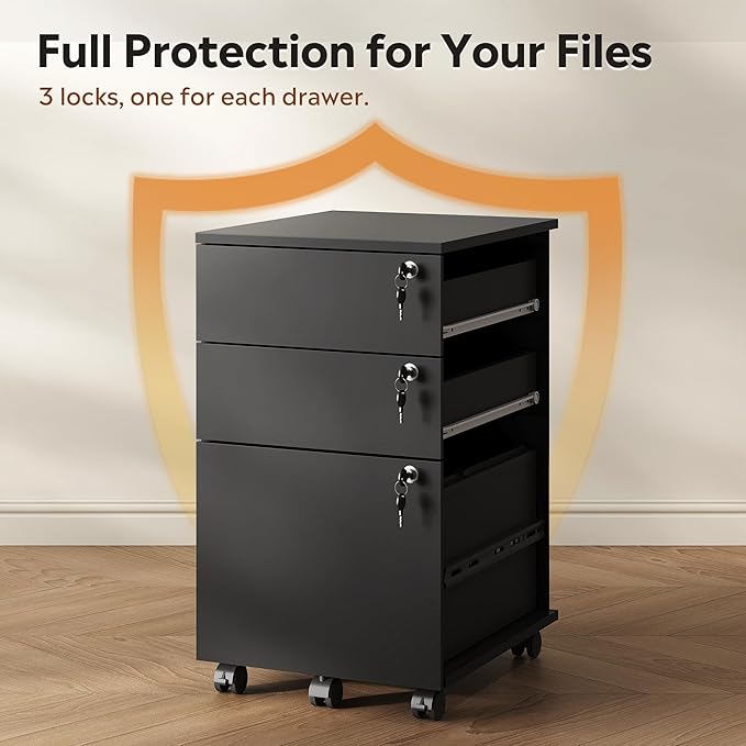 DEVAISE 3 Drawer File Cabinet with Individual Locks, Black | Wood Filing Cabinet for Home Office, Mobile Printer Stand with Wheels, Under Desk Storage for Letter/A4/Legal Size