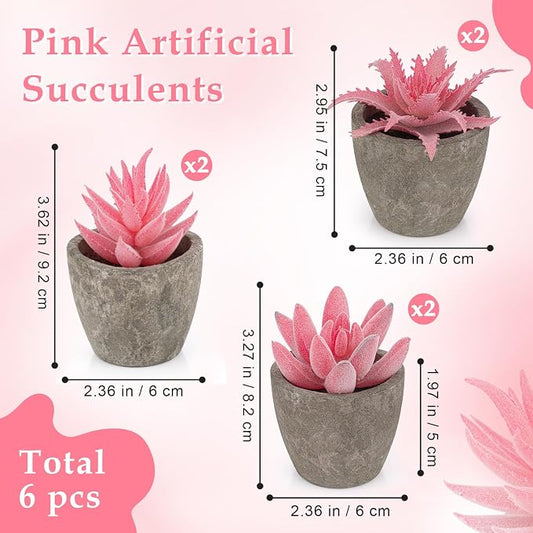 6 Pack Pink Succulents Plants Artificial in Pots, Fake Mini Planted Succulents Pink Room Office Desk Decor for Women