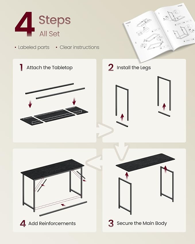 VASAGLE Computer Desk, Office Work Desk, 55.1 x 19.7 x 29.9 Inches, for Study, Bedroom, Home Office, Living Room, Ebony Black and Ink Black ULWD214B101