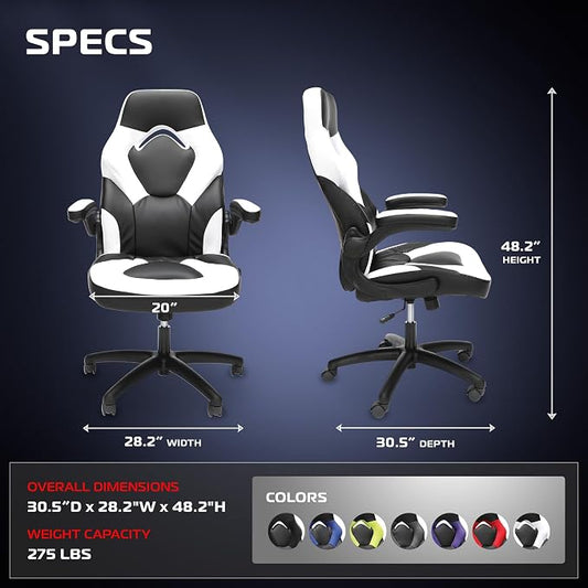 RESPAWN 3085 Ergonomic Gaming Chair for Adults, High Back Office Chair with Headrest and Flip Up Arms, Leather Racing Style Gaming Seat with Lumbar Support, Video Game Computer Desk Seat - White