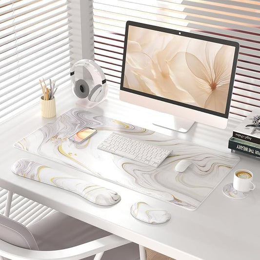 QIYI Leather Desk Mat Set, 4-in-1 Large Mouse Pad with Ergonomic Wrist Rest, Waterproof Desk Pad + Keyboard Wrist Rest + Mouse Wrist Support + Coaster, Non-Slip Office Gaming Accessories, White Marble