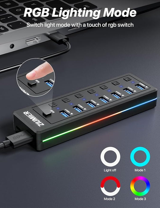 RGB USB Hub,7 Port USB Splitter Data Transfer for Gaming,Home,Office,School | USB 3.0 Hub with RGB LED Strip - Individual LED On/Off Switches for Laptop, PC, Mouse, Keyboard, Hard Drive