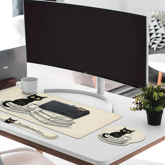 Britimes Black Cat Coffee Keyboard Mouse Pad Set Vintage Funny Book 4in1 Large Mousepad+Keyboard Wrist Rest+Mouse Wrist Rest+Coaster Ergonomic Design for Home Office Computer 35.4x15.7 inches