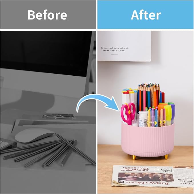 Marbrasse Desk Organizer, 360-Degree Rotating Pen Holder, Desk Organizers and Accessories with 5 Compartments Pencil Organizer, Art Supply Storage Box Caddy for Office, Home(Pink)