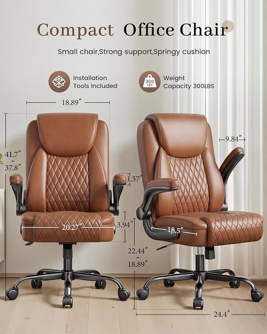 COMHOMA Mid-Back Office Chair, Ergonomic PU Desk Chair with Flip up Arms, Small Computer Gaming with Comfy Lumbar Support,Rocking Function,Sturdy Metal Base, Brown