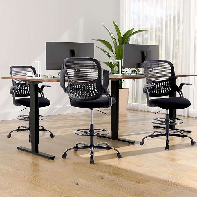 DUMOS Drafting Chair for Standing Desk, Counter Height Adjustable, Flip-up Arms, Ergonomic Mid Back Mesh Rolling Work 360ยฐ Swivel Office Computer Chairs with Wheels, for Bedroom Livingroom, Ink
