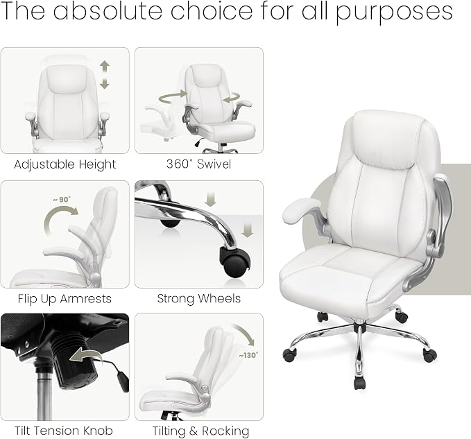 NEO Chair High Back Office Desk Chair for Computer Garming Ergonomic Executive Chair with Comfy Lumbar Support Flip-up Arms Height Adjustable Swivel (Leather White)