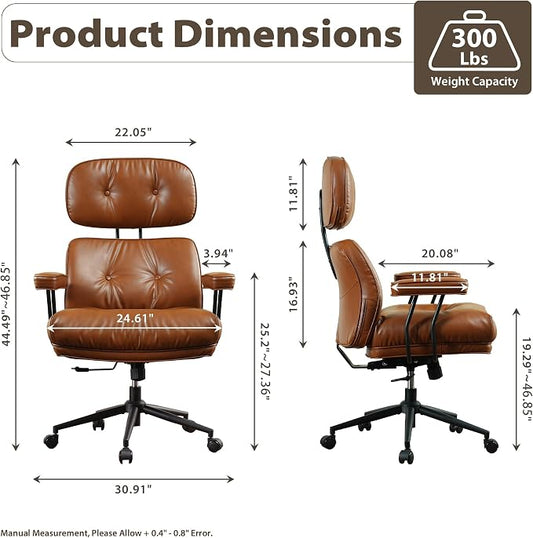 HOOOWOOO Ergonomic Office Chair,Mid Century Modern Computer Desk Chair,Comfy Executive Chair with Extra Wide Tufted Cloudy Seat Lumbar Support High Reclining Back,PU Leather Brown