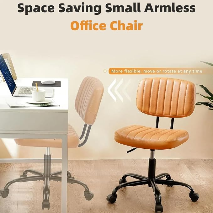 HealSmart Small Office Desk Chair with Wheels, Armless Desk Chair with Lumbar Support, PU Leather Low Back Adjustable Height 360° Rolling Swivel Task Chair Without Arm for Home, Bedroom,Office, Brown