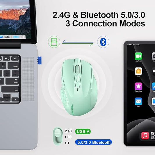 TECKNET Wireless Mouse (2.4G & BT5.0/3.0) Silent 4800 DPI Computer USB A & Bluetooth Mouse 6 Buttons, Wide Compatibility - Green