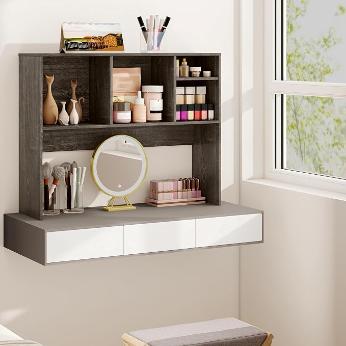 GOFLAME 4 Cubes Desktop Bookshelf, 37” Tabletop Wood Desk Shelf for Computer Monitor, Modern Countertop Desk Display Hutch Storage Organizer Shelf for Home Office, Dorm, Study, Gray