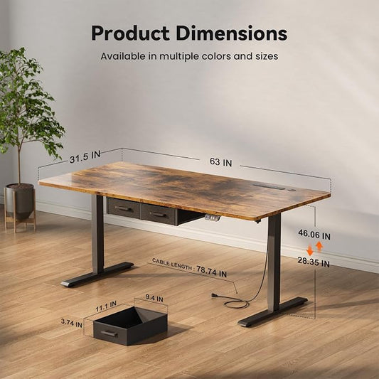 HLDIRECT Electric Standing Desk, 63 x 31.5 Inches Height Adjustable Table with Outlets, Sit Stand Computer Desk with Drawers for Home Office, Ergonomic Rising Workstation, Rustic Brown